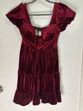 B Darlin Burgundy Velvet Puff Sleeve Mini Dress